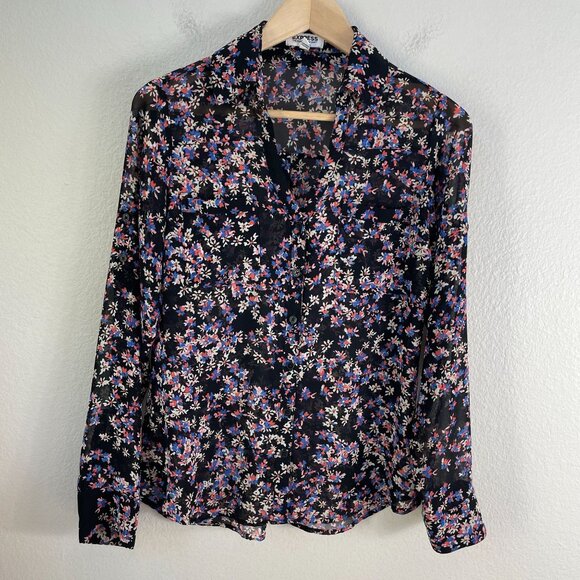 Express Portofino Shirt Womens XS Button Up Floral Sheer Roll Tab Sleeve Blouse - Picture 1 of 8